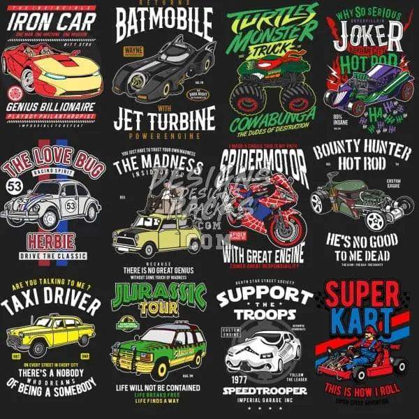 Print-ready car & truck designs for DTF DTG embroidery, featuring Batman, Joker, Jurassic Park, and more