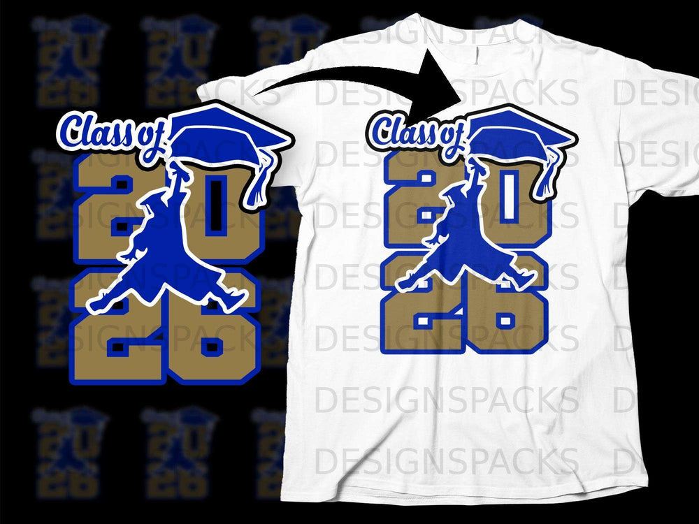 Blue and gold Class of 2026 graduation graphic on a white t-shirt.