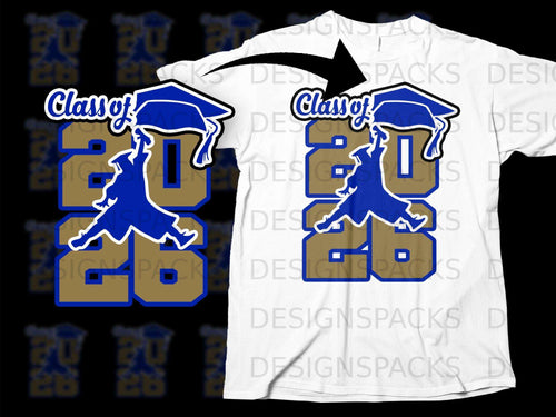 Blue and gold Class of 2026 graduation graphic on a white t-shirt.