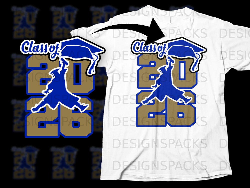 Blue and gold Class of 2026 graduation graphic on a white t-shirt.
