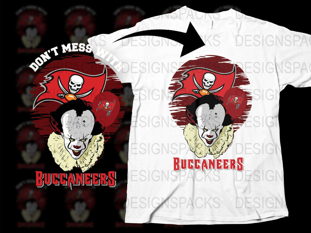 Don't Mess With Buccaneers Clown Skull Graphic T-Shirt, Bold Red and White Pirate Design Tee