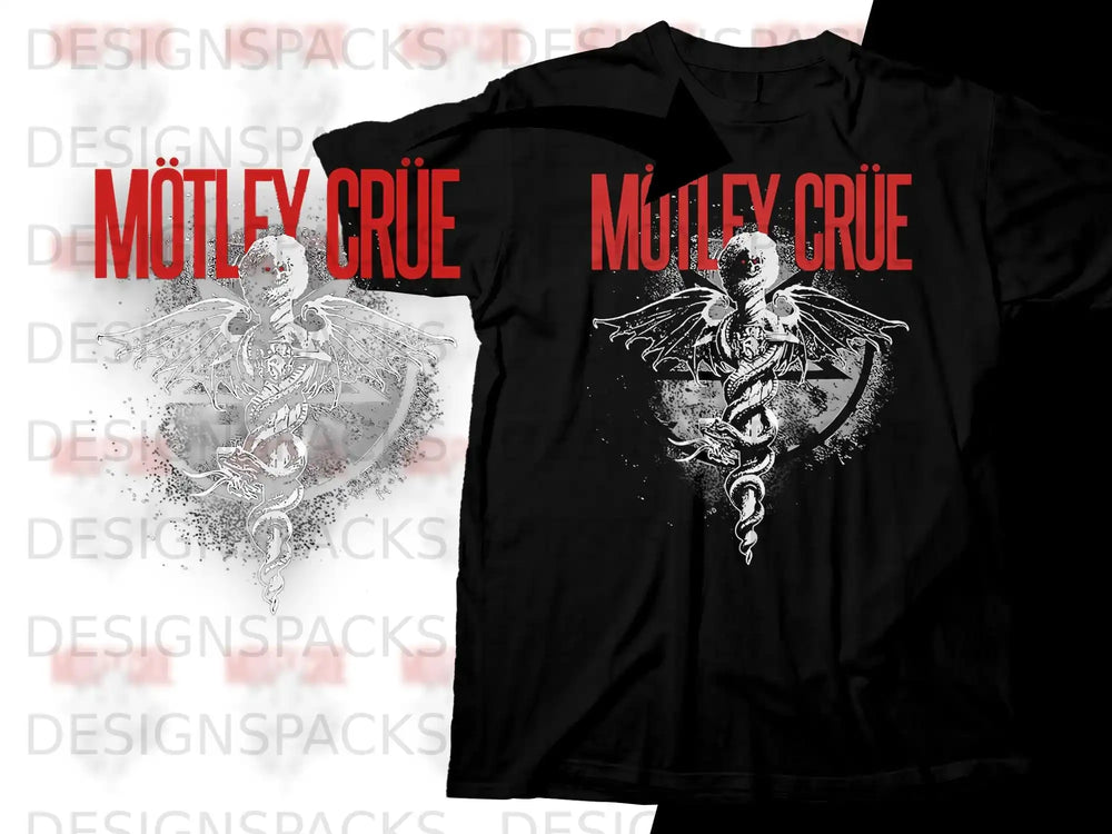 Motley Crue logo with a skeleton and wings on a black t-shirt.