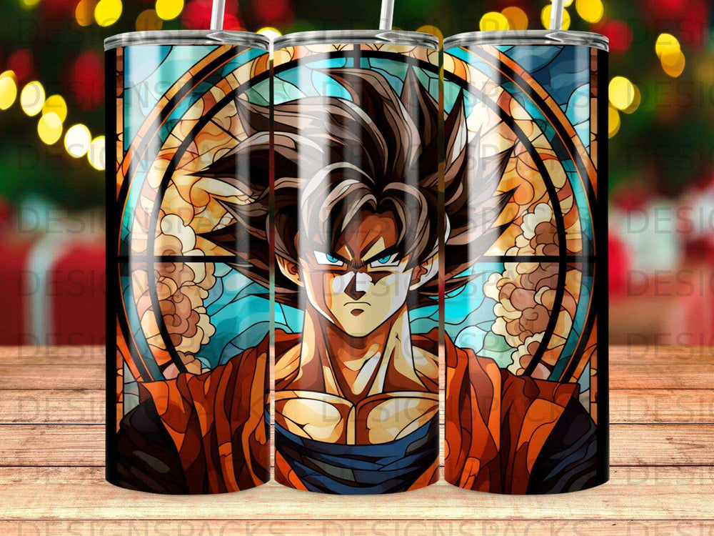 Goku in stained glass style on a tumbler with bokeh background.