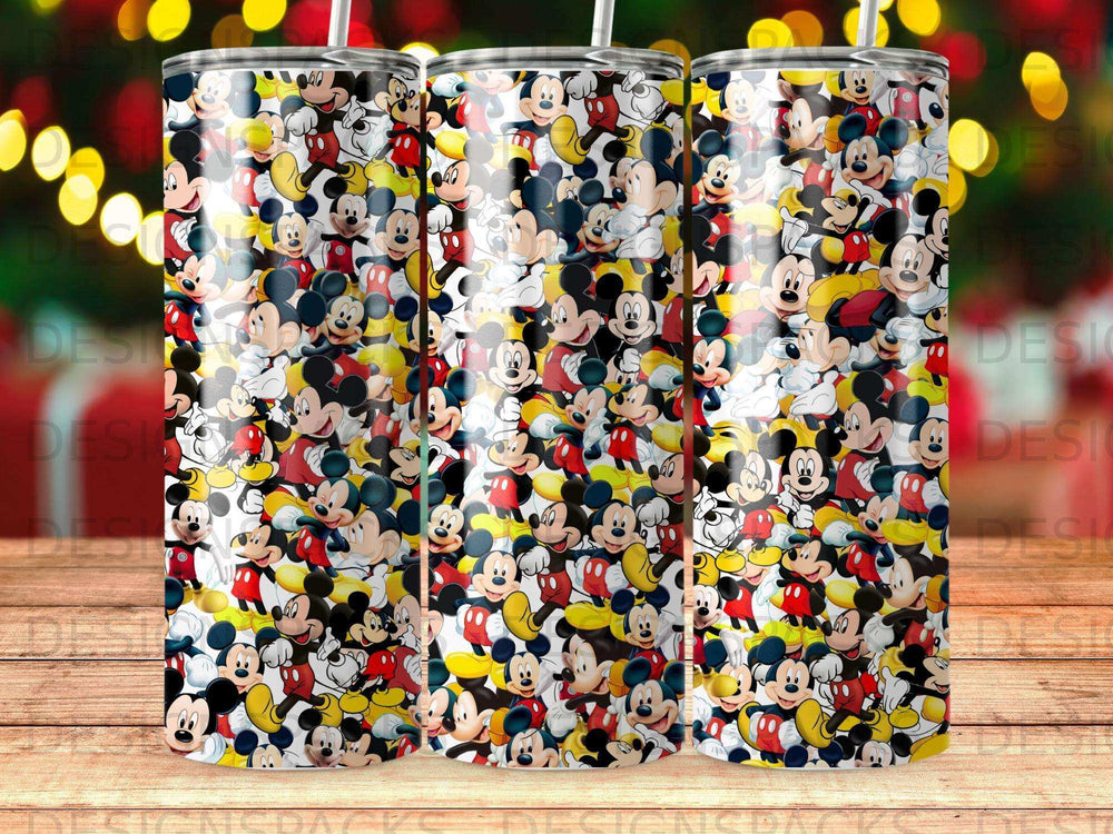 Mickey Mouse collage pattern on a skinny tumbler.
