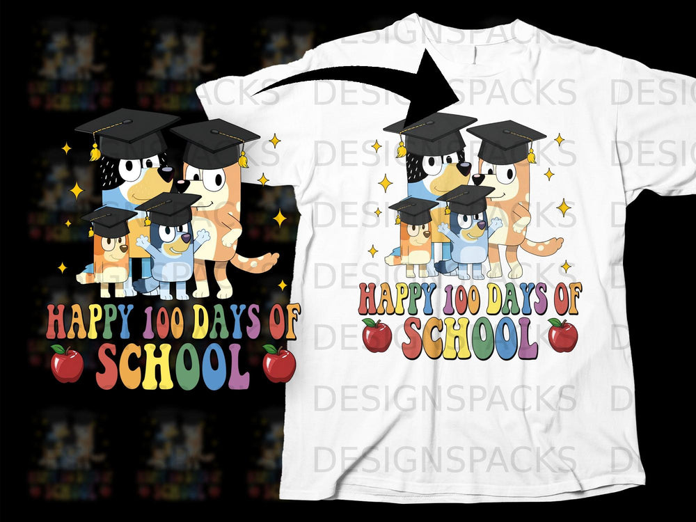 The Bluey family wears graduation caps with "Happy 100 Days of School" text.