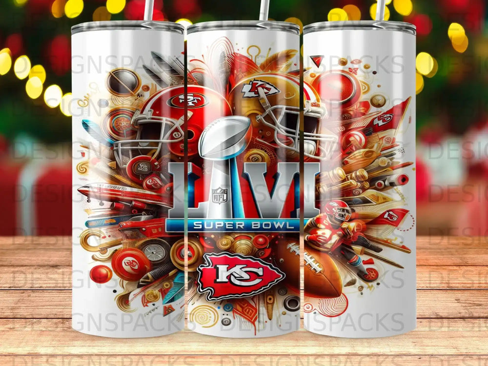 Kansas City Chiefs Super Bowl LVIII helmet and football graphic with NFL logo.