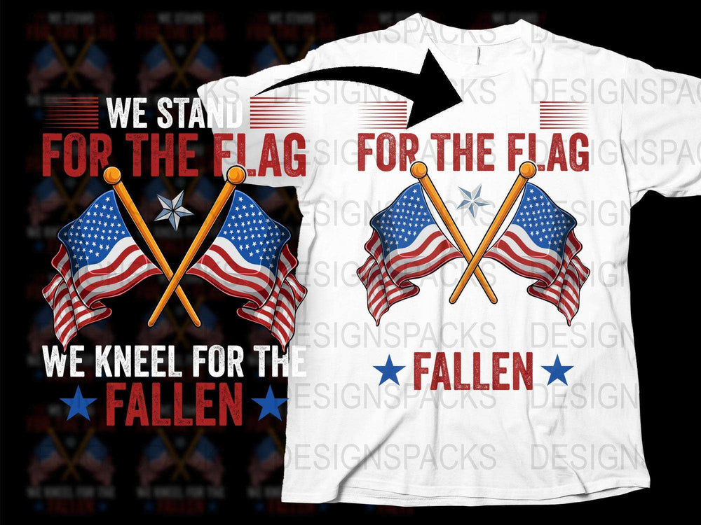 Patriotic T-Shirt, American Flag with Crossed Rifles, We Stand For The Flag, We Kneel For The Fallen Tee