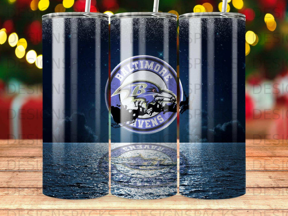 Baltimore Ravens logo on a starry night with ocean reflection, cylindrical tumbler.