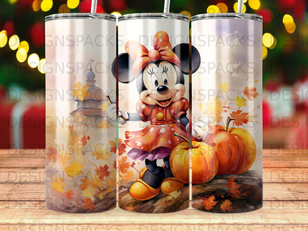 Minnie Mouse in an orange dress with pumpkins and fall leaves.