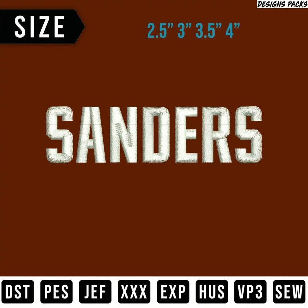 Embroidery file for "SANDERS" in various sizes and machine formats.