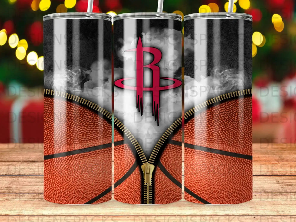 Houston Rockets basketball tumbler with logo and zipper detail.