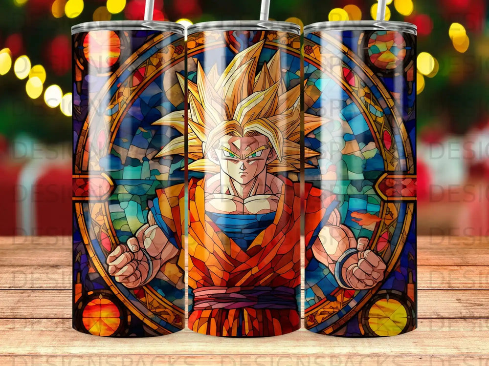 Goku in stained glass style on a tumbler, with blurred bokeh lights.