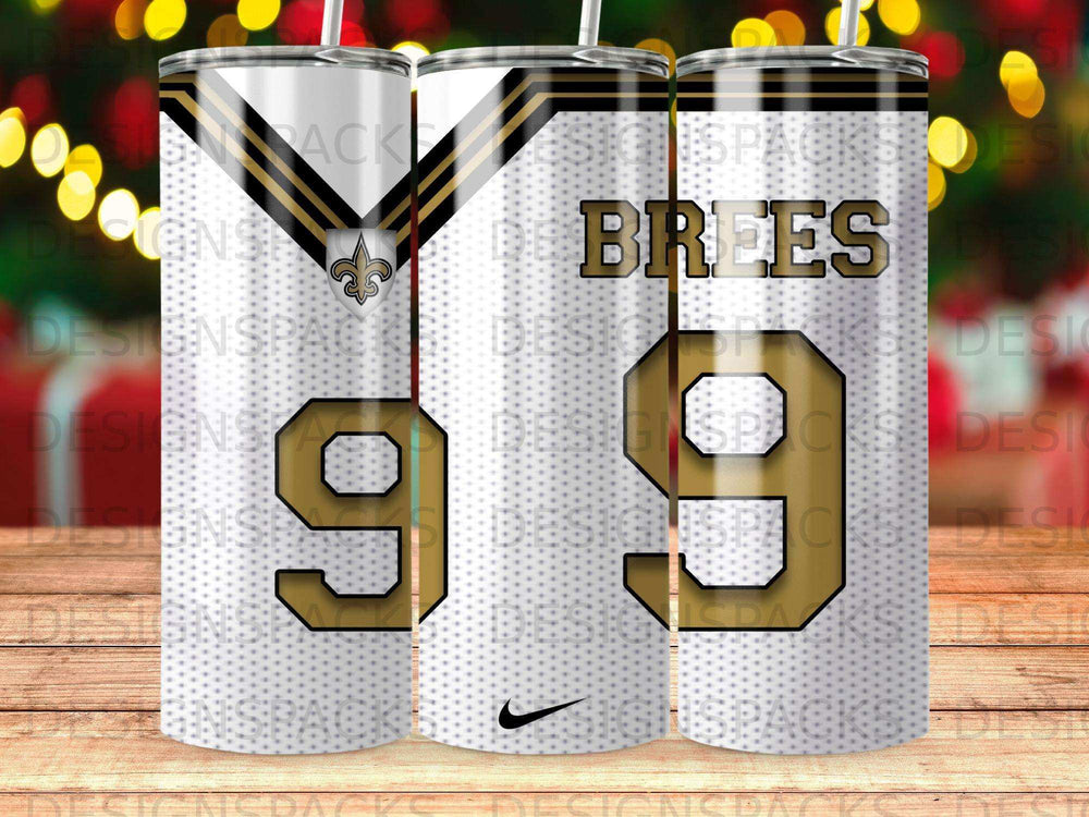 White tumbler with black and gold "BREES 9" design and repeating Nike logo.