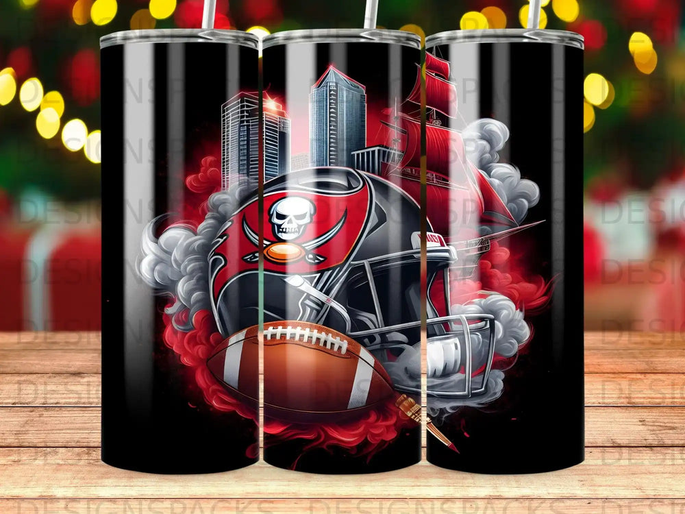 Tampa Bay Buccaneers helmet with football and city skyline.