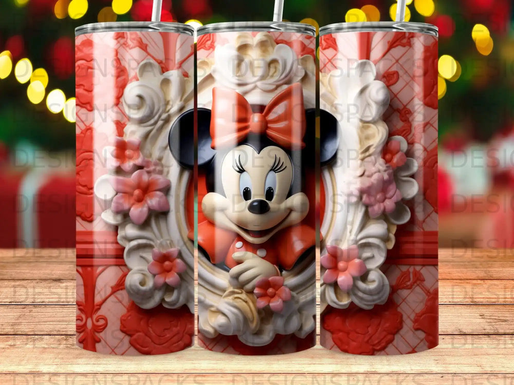 Minnie Mouse with red bow and floral accents on a decorative frame.