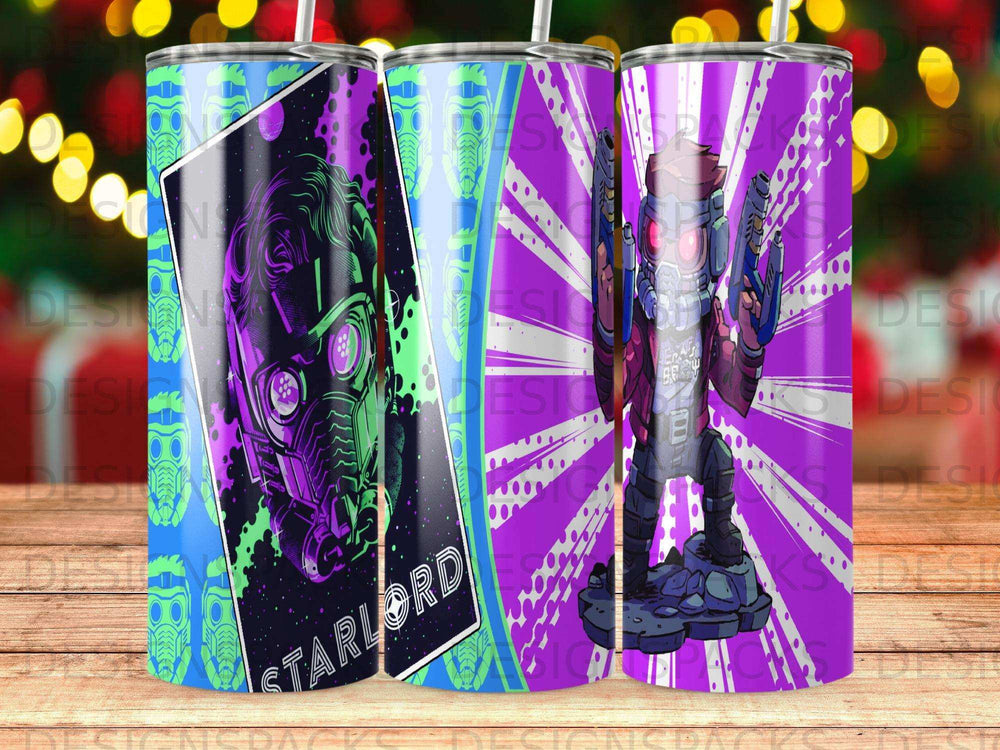 Star-Lord character design on a blue and purple tumbler.
