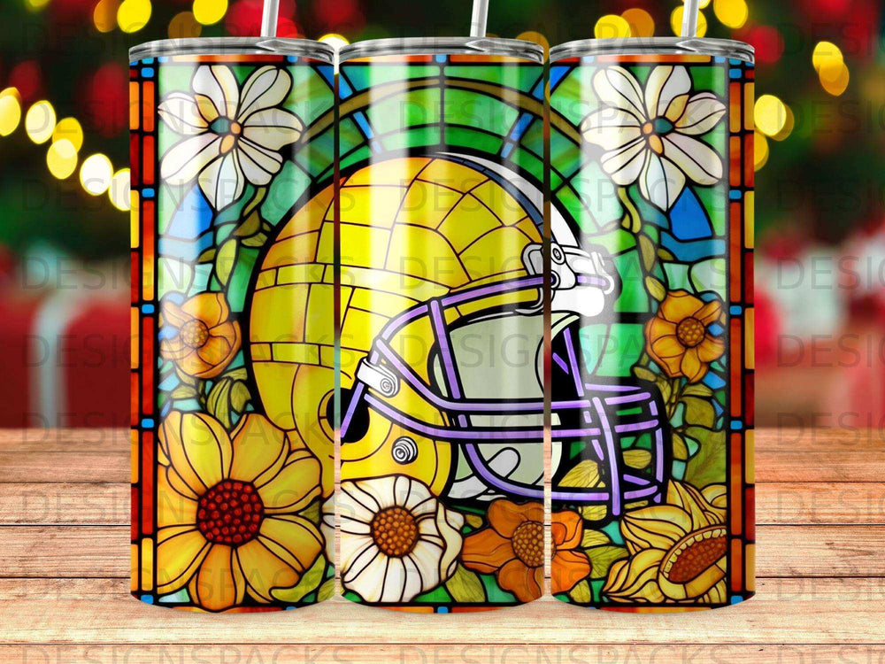 Yellow football helmet with floral stained glass background.