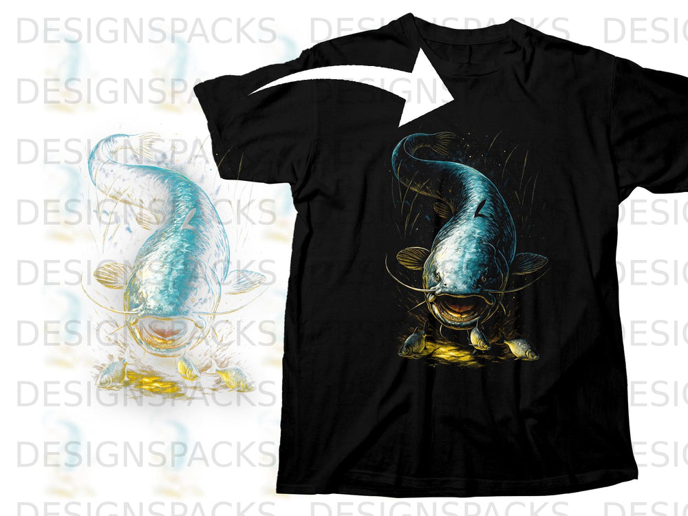 Black t-shirt featuring a graphic of a catfish with smaller fish and aquatic plants.