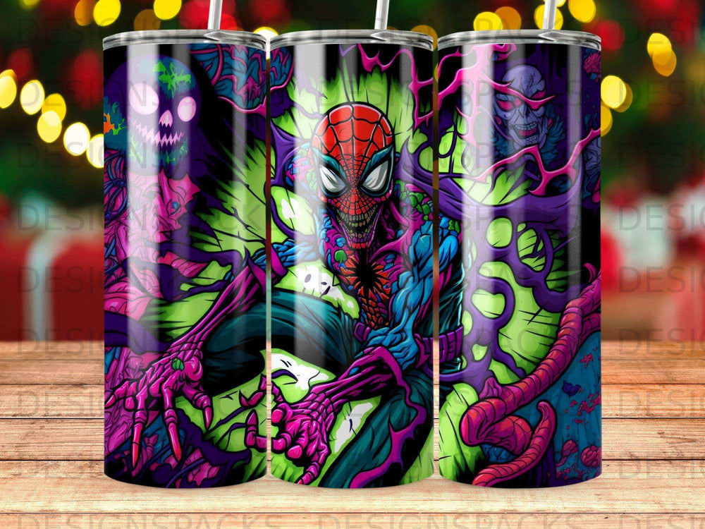 Spider-Man in a dynamic pose surrounded by purple and green abstract shapes.