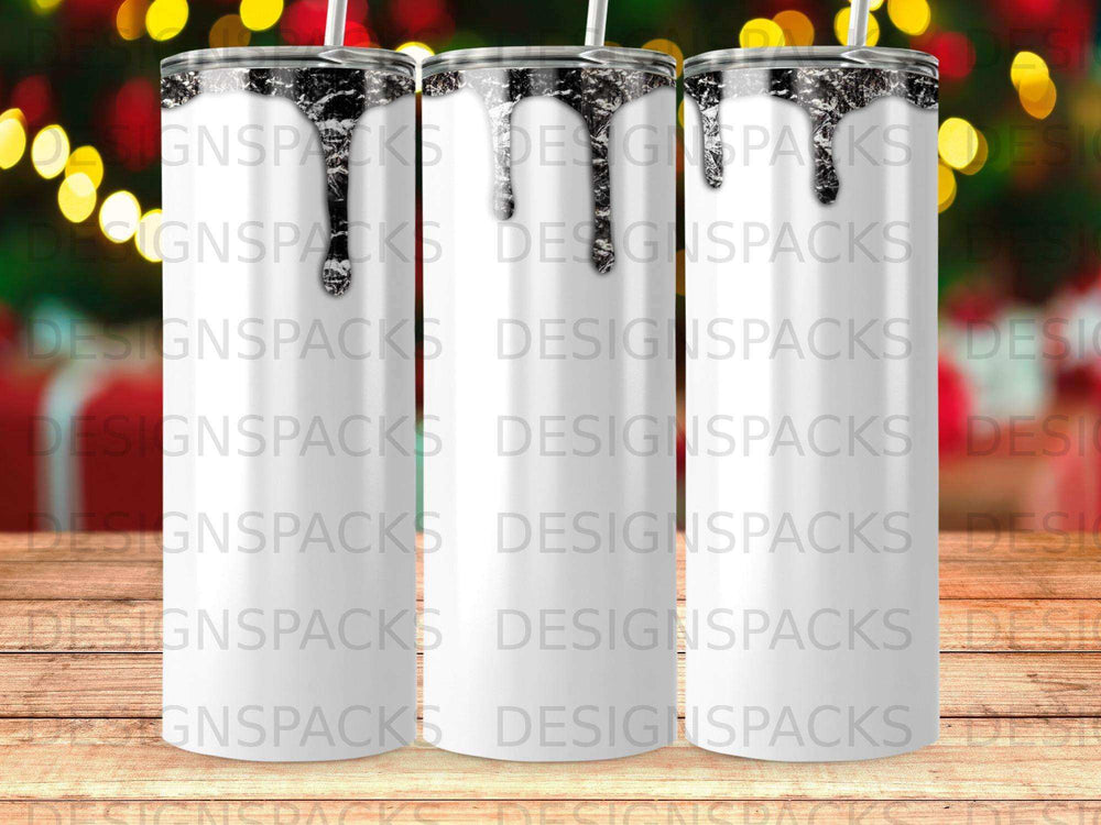 White tumbler with black and white abstract paint drips at the top.