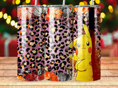 Pink leopard print tumbler with floral accents and Pikachu character.