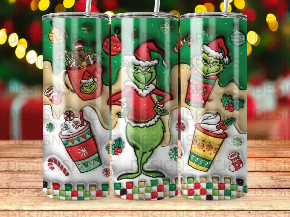 Grinch character and Christmas-themed designs on three tumblers.