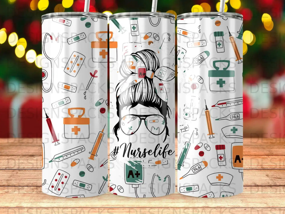 Tapered tumbler with medical icons, stethoscope, and "#Nurselife" text.