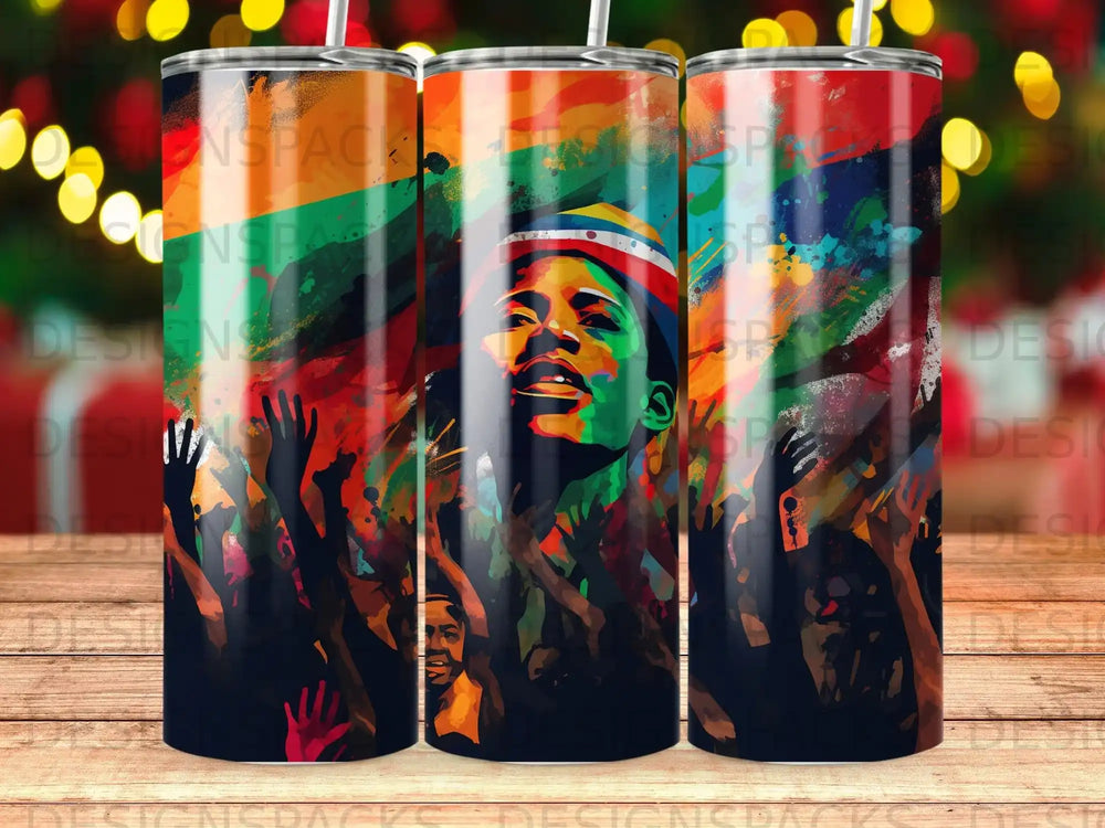 Abstract portrait of a Black person with raised hands against a colorful, energetic background.