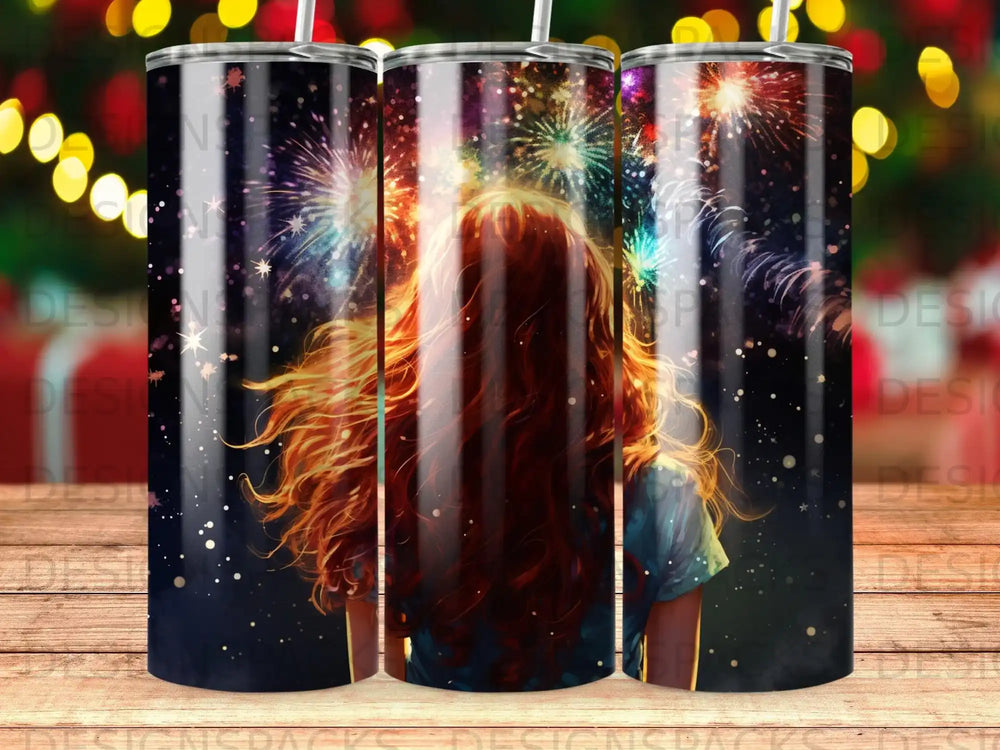Woman with long hair watching fireworks display.