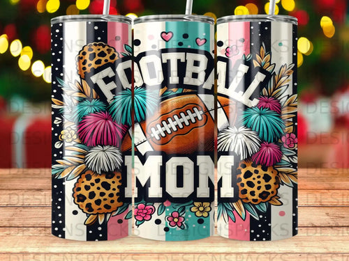 Football Mom tumbler with leopard print, pom-poms, and flowers.