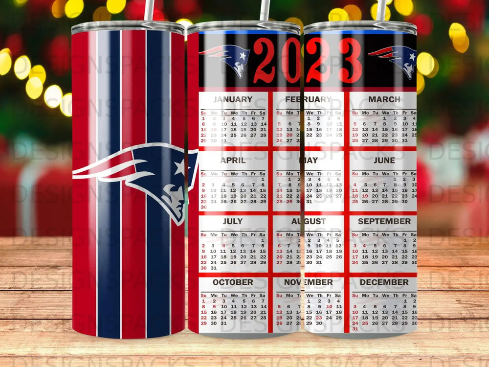 2023 New England Patriots calendar featuring team logo and monthly dates.