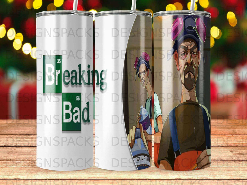 Breaking Bad tumbler with Heisenberg and chemical symbols.