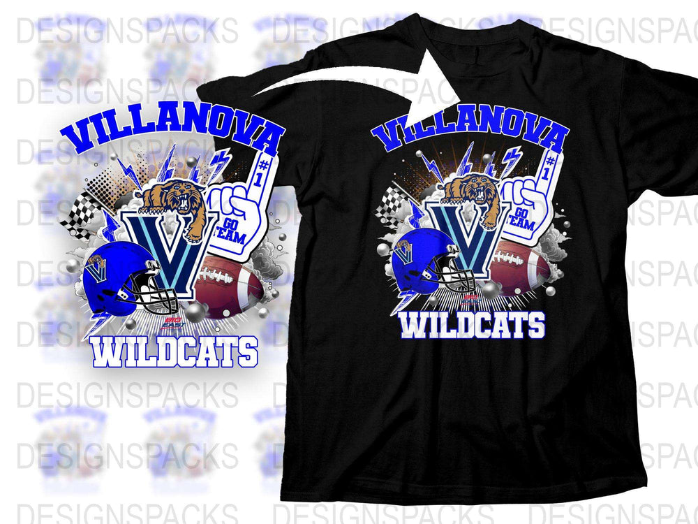 Villanova Wildcats Graphic T-Shirt, Sports Team Fan Apparel, Black Tee, Checkered Pattern, College Football, Basketball Merchandise