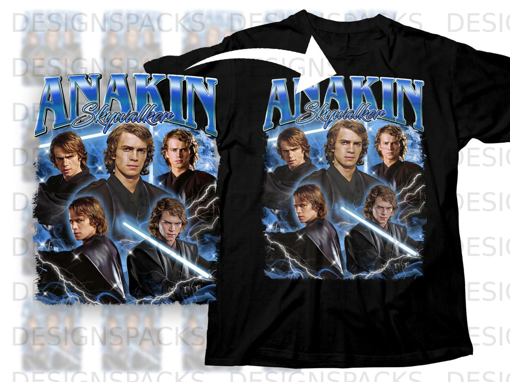 Anakin Skywalker depicted with blue lightning and lightsabers on a black t-shirt.