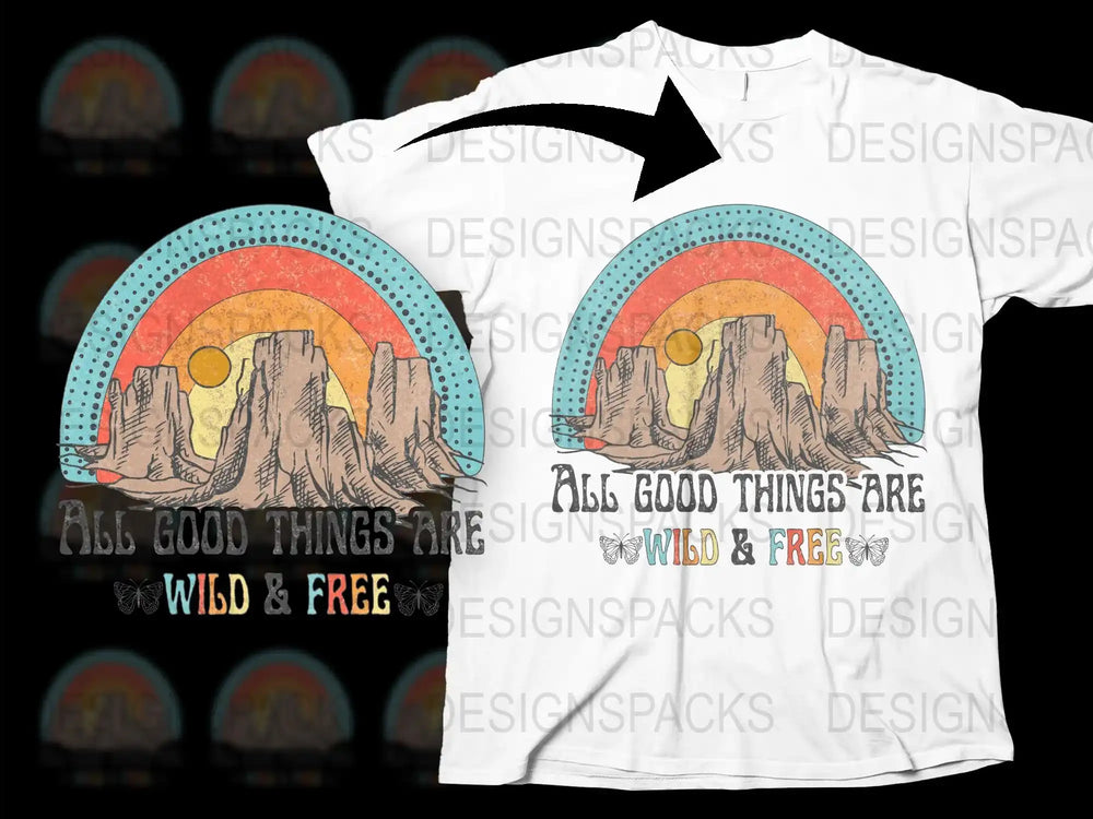 Wild and Free T-Shirt, Vintage Sunset Mountains Graphic Tee, Nature Inspired Unisex Clothing