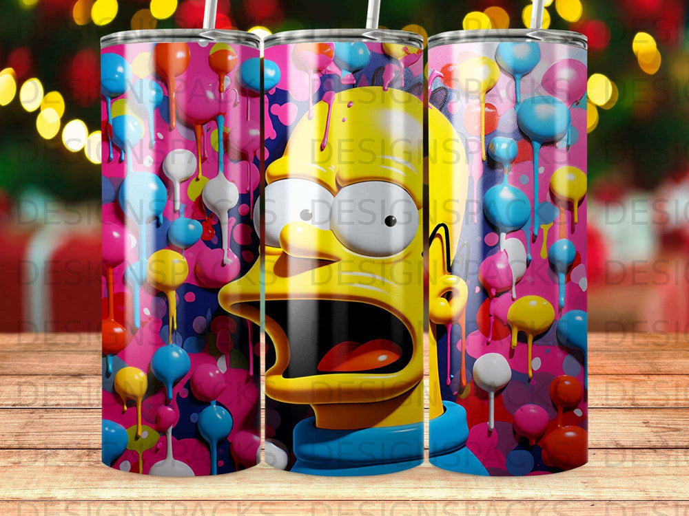 Homer Simpson with mouth open, surrounded by colorful dripping paint and balloons.