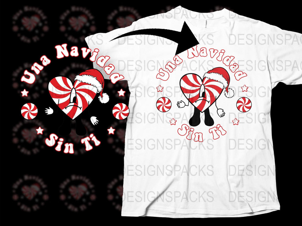 Una Navidad Sin Ti T-Shirt, Festive Holiday Graphic Tee, Heart and Candy Cane Design, Spanish Christmas Apparel