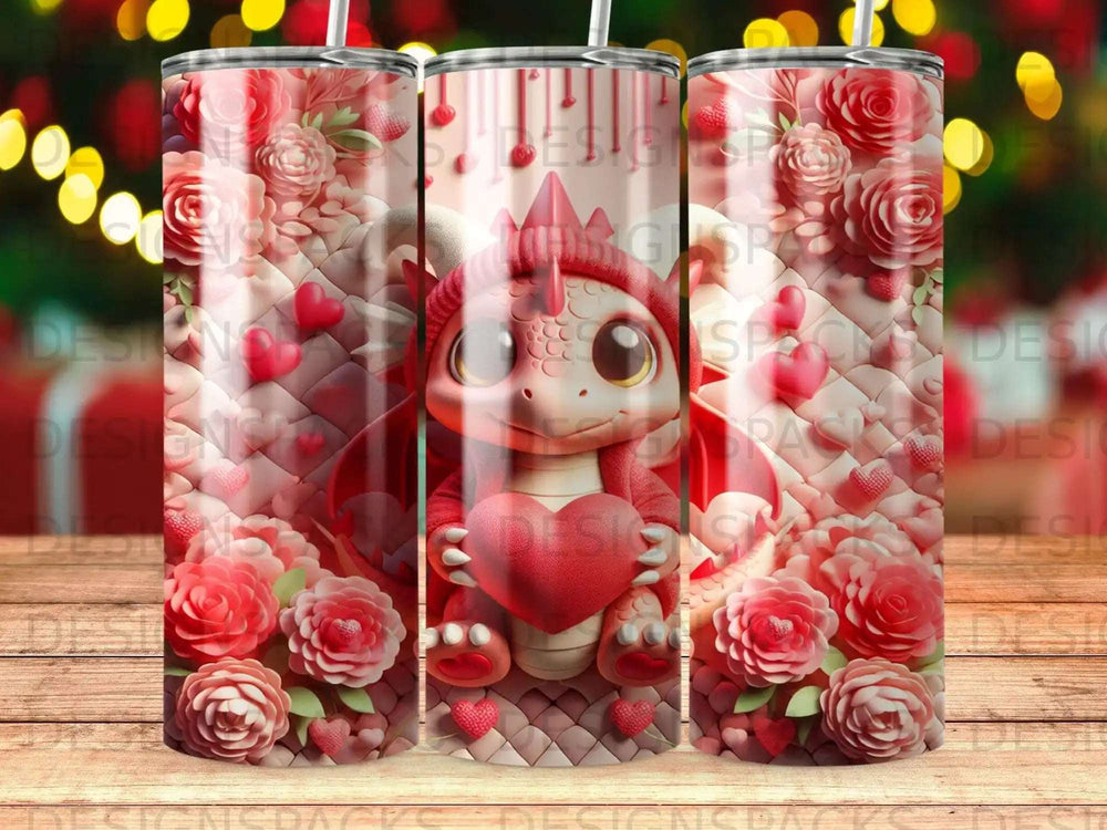 Dragon holding heart, surrounded by roses and hearts, on a tumbler.