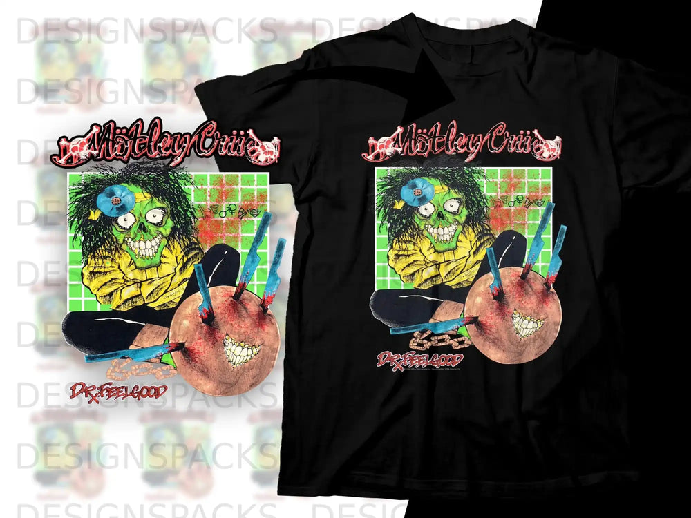 Black t-shirt with Motley Crue "Dr. Feelgood" album artwork featuring a cartoon monster.