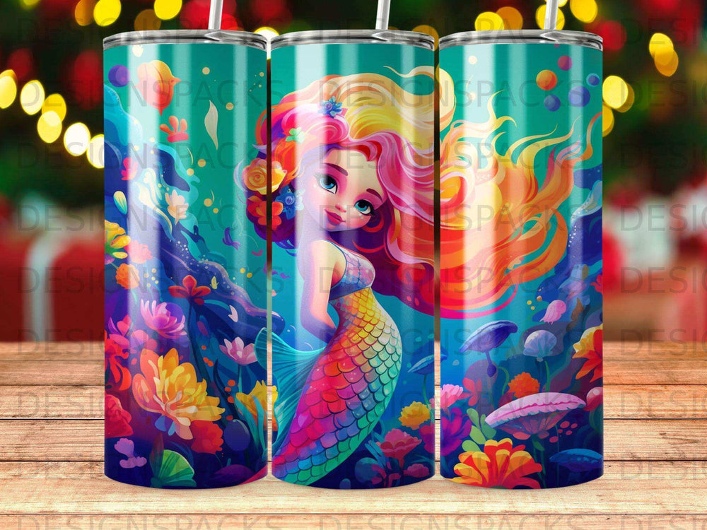 Colorful mermaid with rainbow hair and tail on a teal background with floral accents.