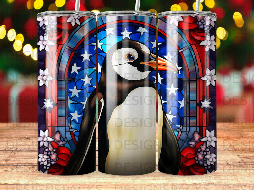 Penguin in stained glass window with patriotic stars and flowers.