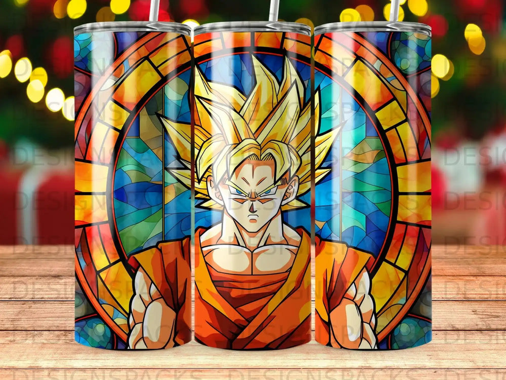 Goku from Dragon Ball Z with spiky blonde hair in a stained glass window design.