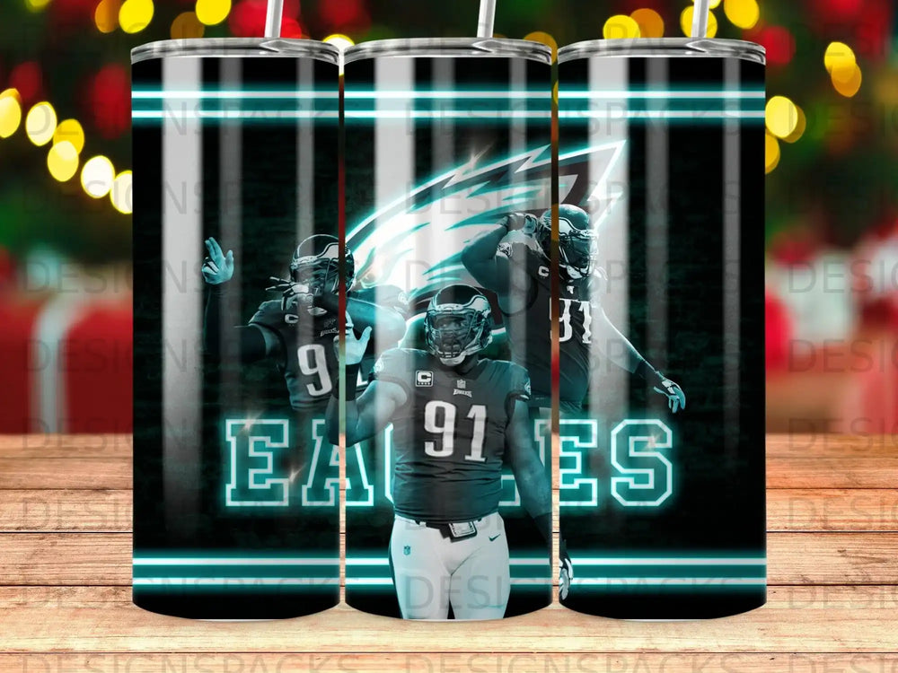 Philadelphia Eagles players with team logo and neon accents.
