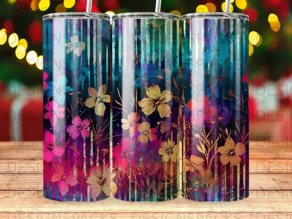 Floral design tumbler with vertical stripes and vibrant colors.
