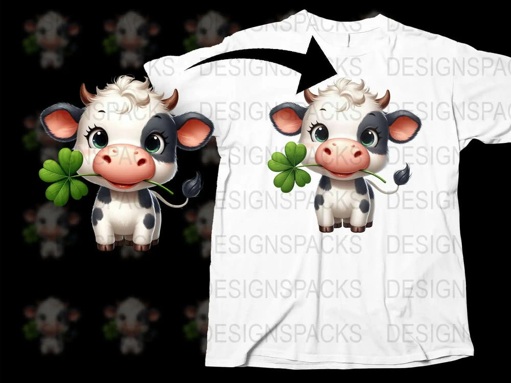 Cute Cow T-Shirt with Clover, Lucky Charm Animal Graphic Tee, Kids and Adults Casual Wear