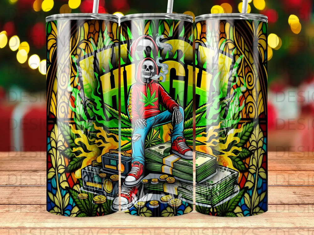 Skull in red hoodie sits on money pile with cannabis leaves and stained glass background.