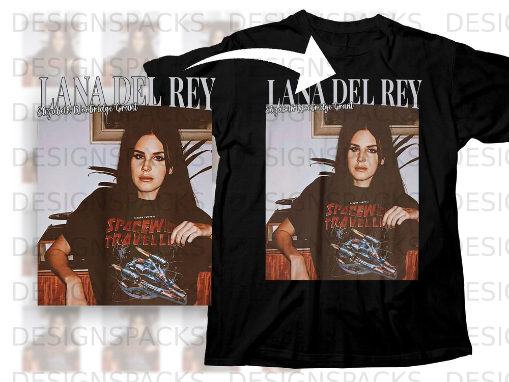 Black t-shirt featuring Lana Del Rey with text "Lana Del Rey" and "Elizabeth Woolbridge Grant".