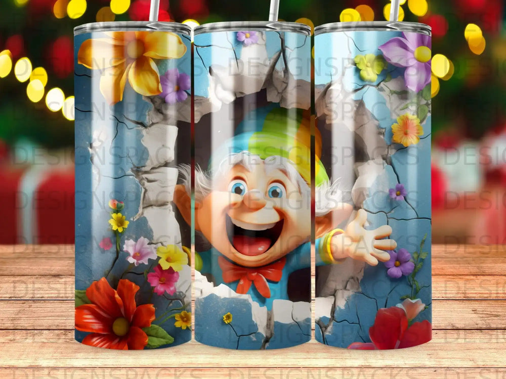 Character peeking through cracked wall with colorful flowers, blue and red bow tie.
