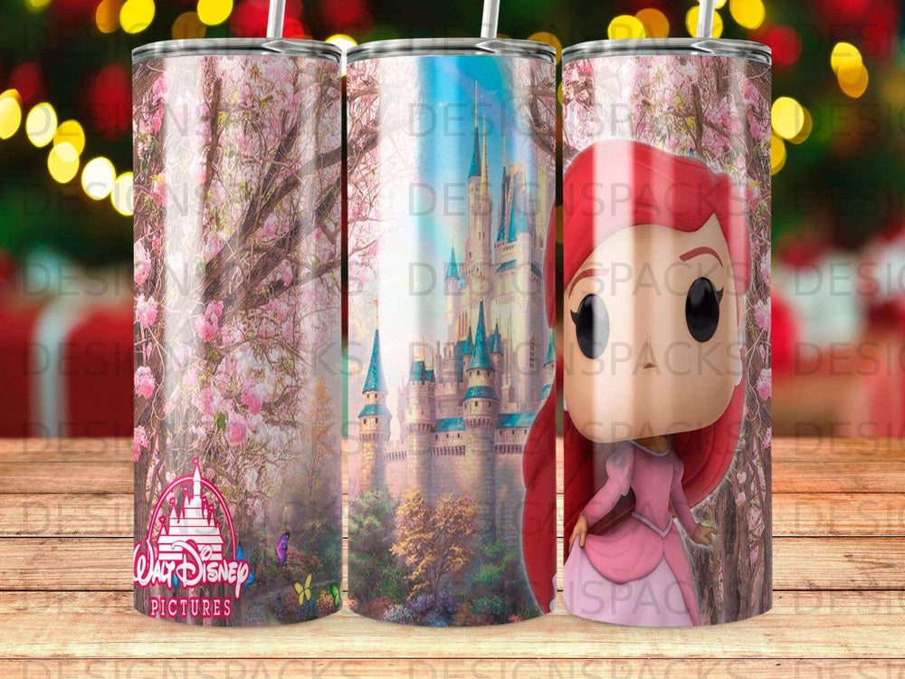 Ariel in a pink dress in front of a castle with cherry blossoms.