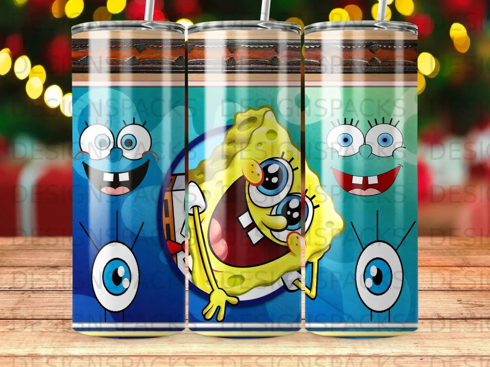 SpongeBob SquarePants character with wide smile and cartoon eyes on a tumbler.
